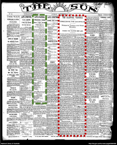Picture of The Sun newspaper showing one article within a column containing several articles, and one article split into several columns.
