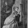 A black-and white engraving of a Victorian woman examining a painting with a magnifying glass in an art studio.
