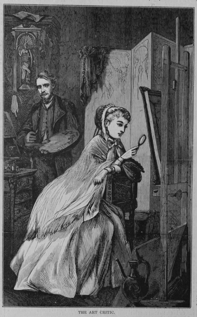A black-and white engraving of a Victorian woman examining a painting with a magnifying glass in an art studio.